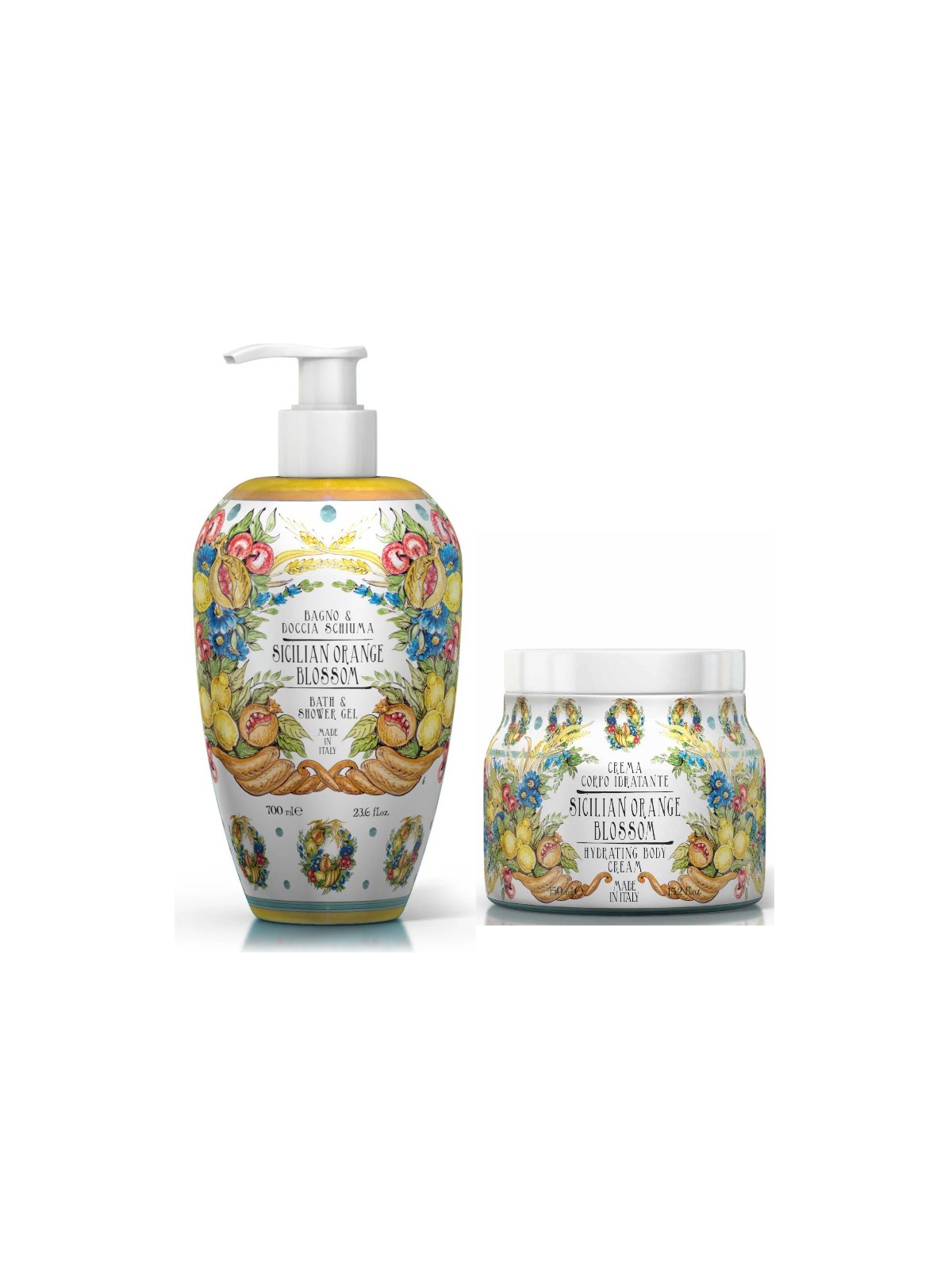 Il Set Corpo Linea Fiori d'Arancio di Sicilia  comprende: 

Bagno Docciaschiuma da 700 ml 
Crema Corpo idratante da 450 ml